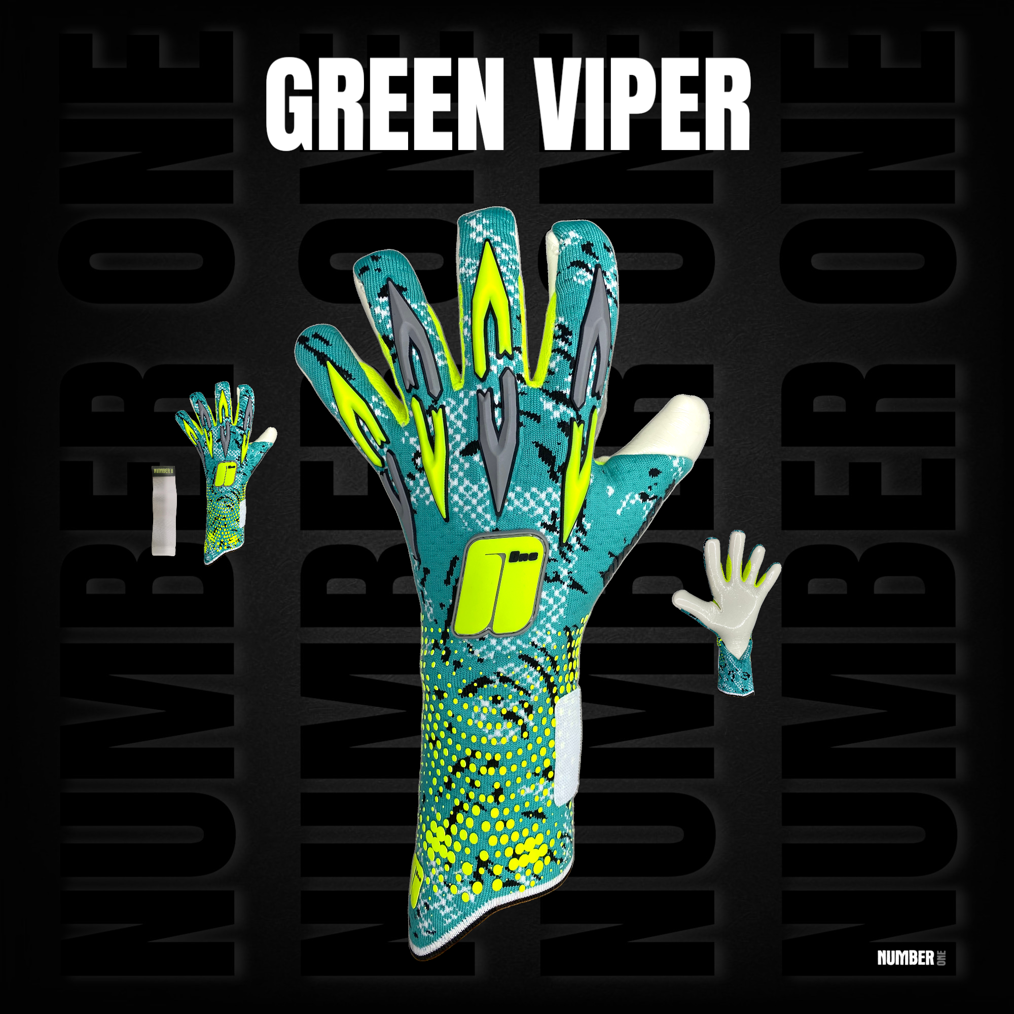 New Template-Photoroom(12)-Photoroom(1)-Photoroom(4) Prémium Number One Green Viper kapuskesztyű modern zöld dizájnnal, Hyla negatív szabással, elő- és hátulnézet.