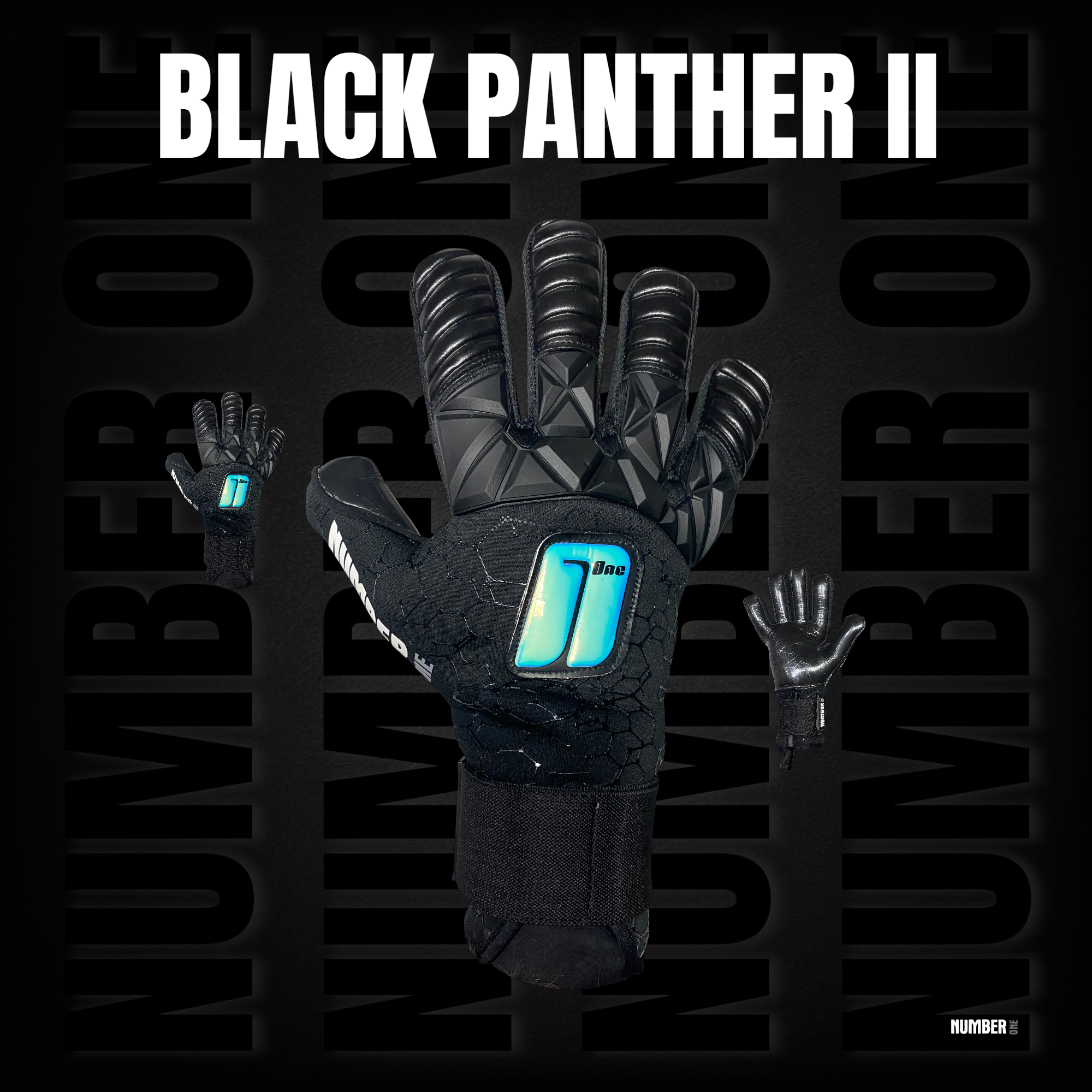 Prémium Number One Black Panther kapuskesztyű modern fekete dizájnnal, hybrid szabással, elő- és hátulnézet