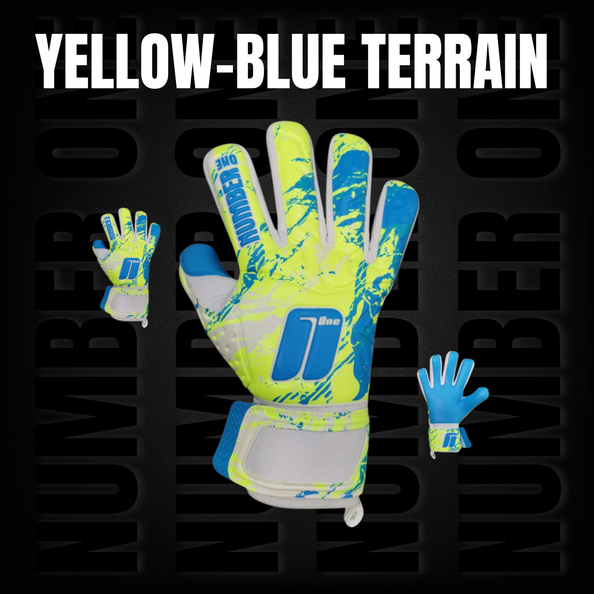 Number One Yellow-Blue Terrain kapuskesztyű modern sárga-kék dizájnnal, negatív szabással, elő- és hátulnézet.