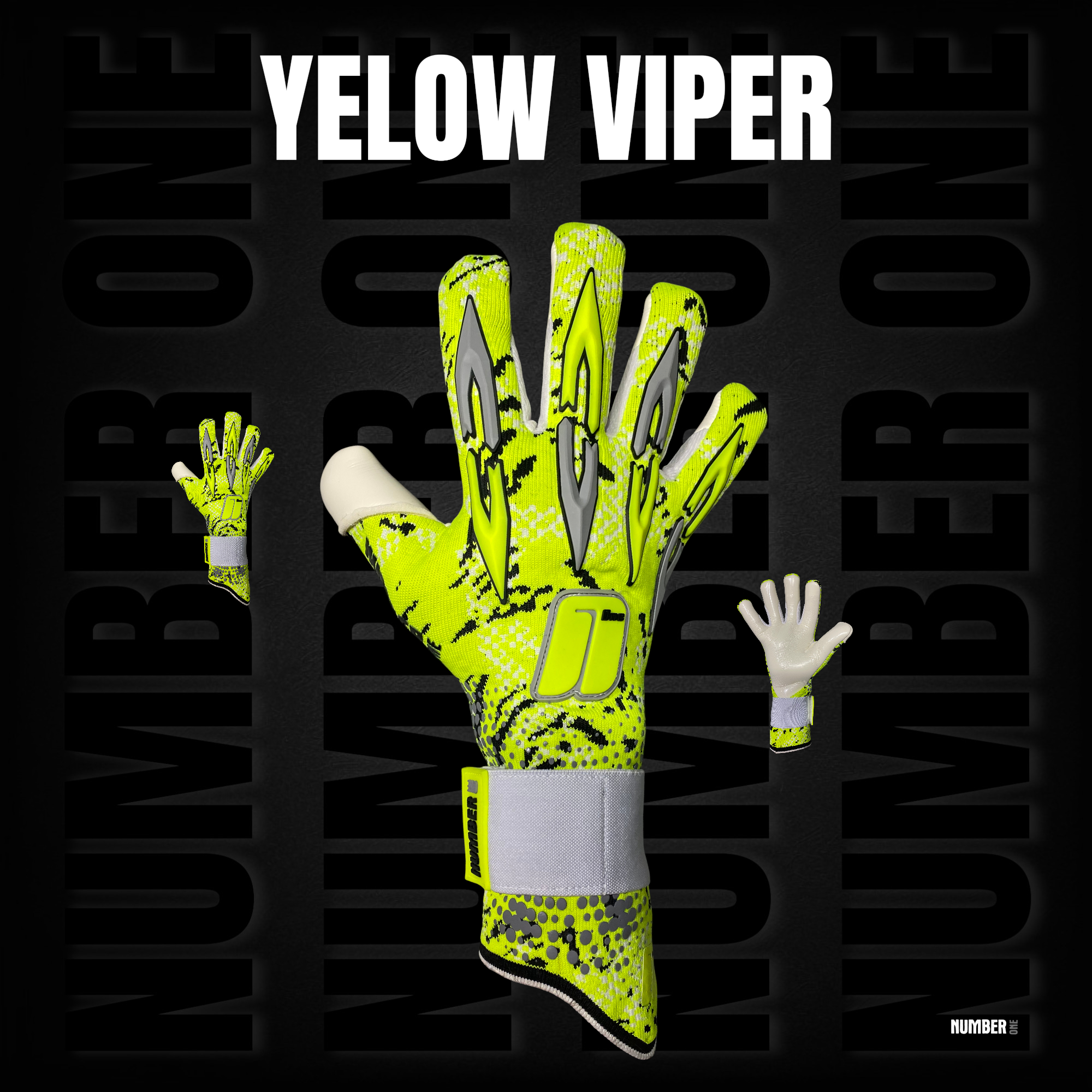 Prémium Number One Blue Viper kapuskesztyű modern kék-fehér dizájnnal, negatív szabással, elő- és hátulnézet.