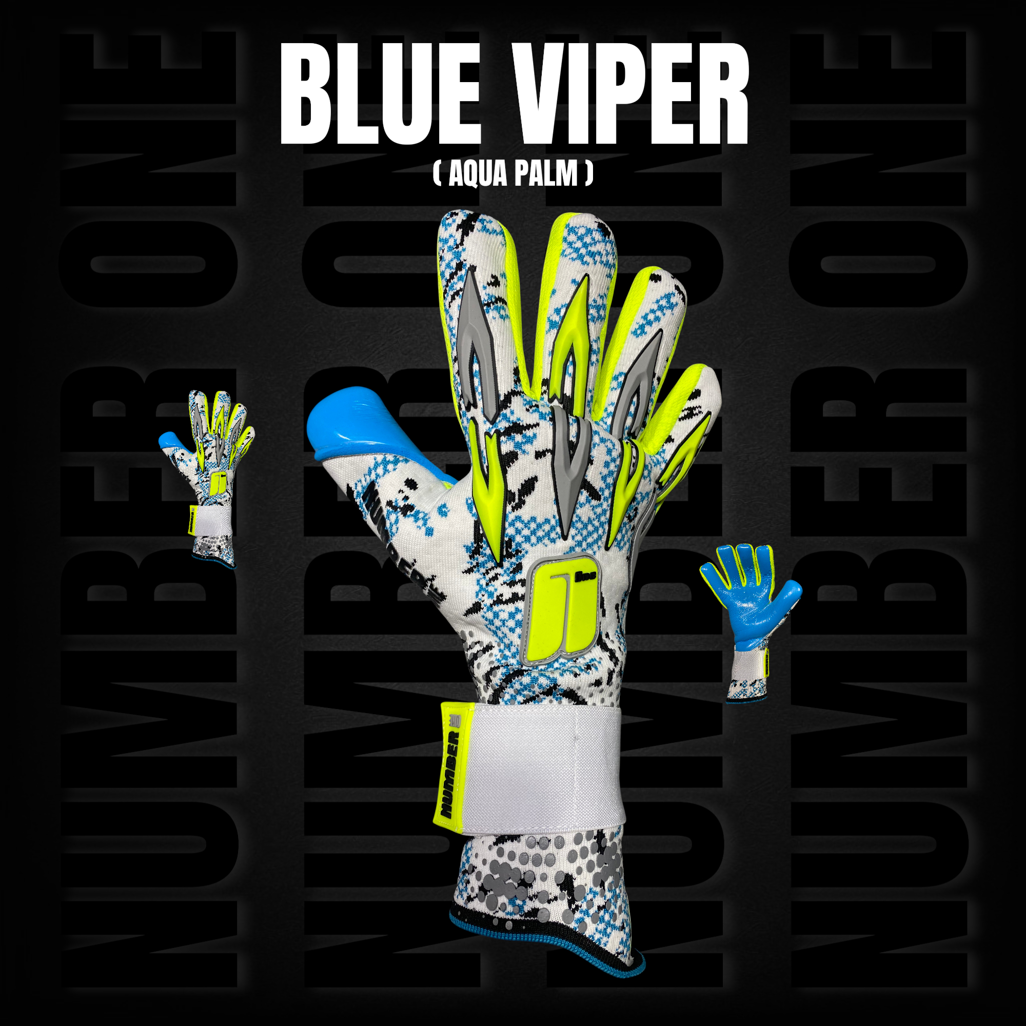 Prémium Number One Blue Viper kapuskesztyű modern kék-fehér dizájnnal, negatív szabással, elő- és hátulnézet.