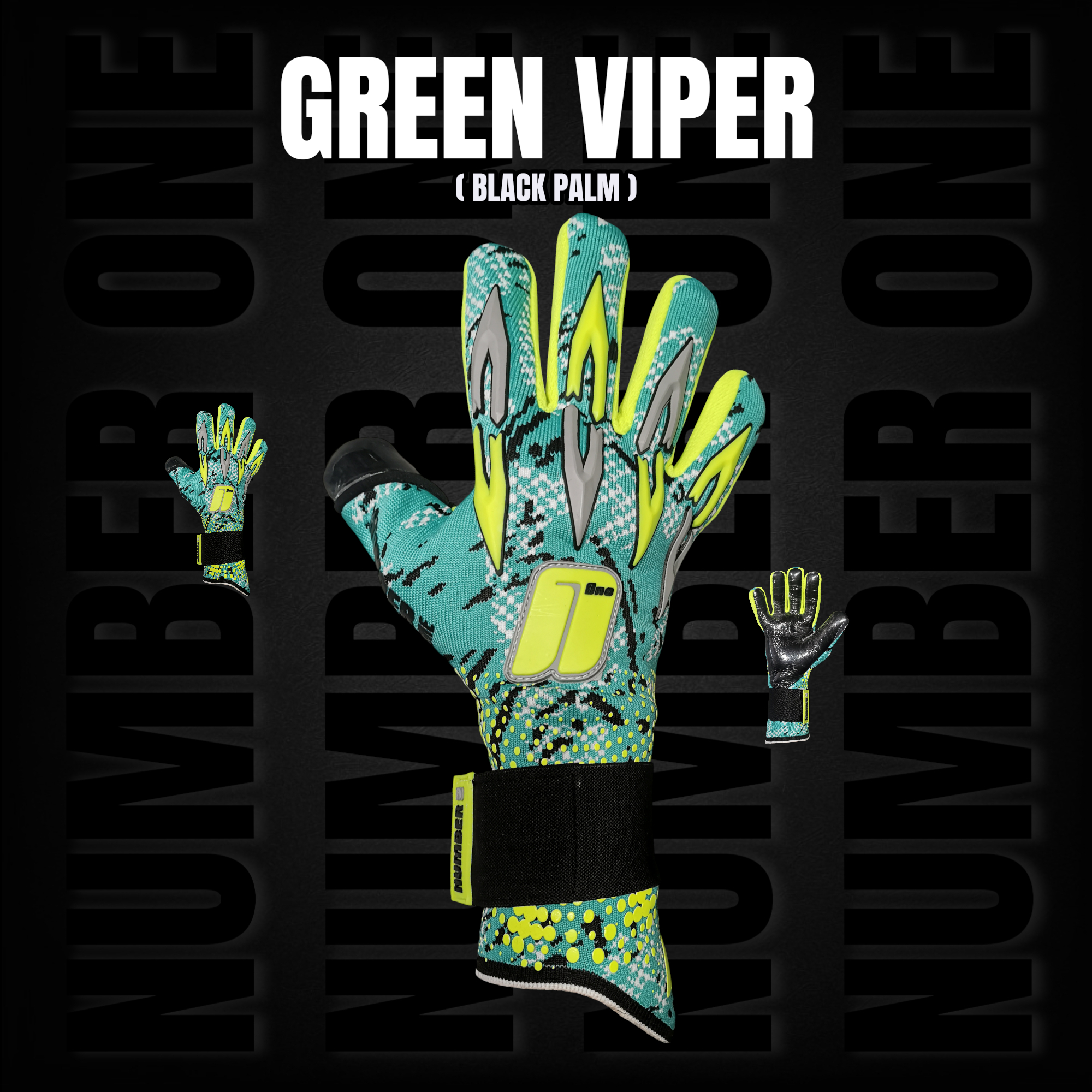 Prémium Number One Green Viper kapuskesztyű modern zöld dizájnnal, Hyla negatív szabással, elő- és hátulnézet.