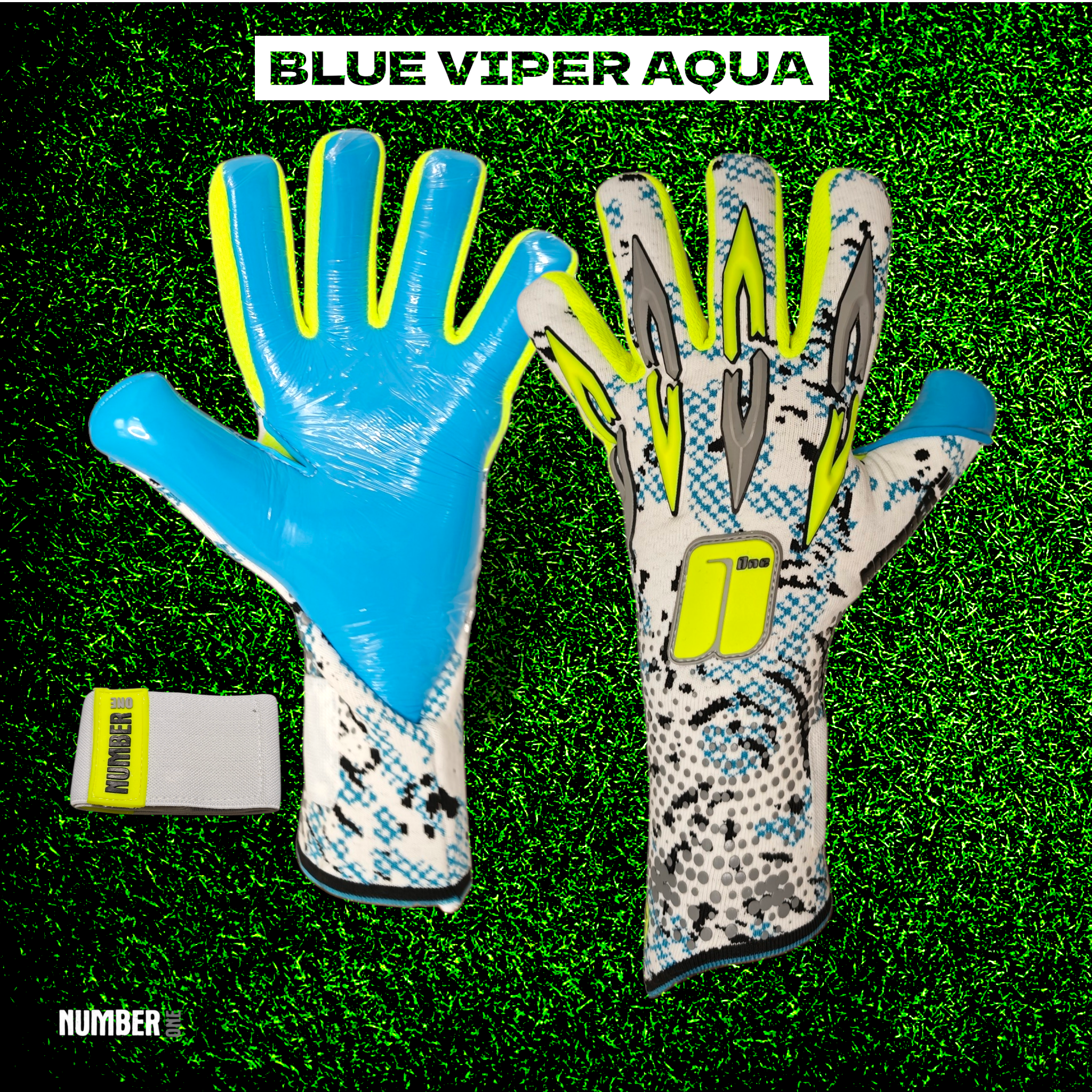 Prémium Number One Blue Viper kapuskesztyű modern kék-fehér dizájnnal, negatív szabással, elő- és hátulnézet.