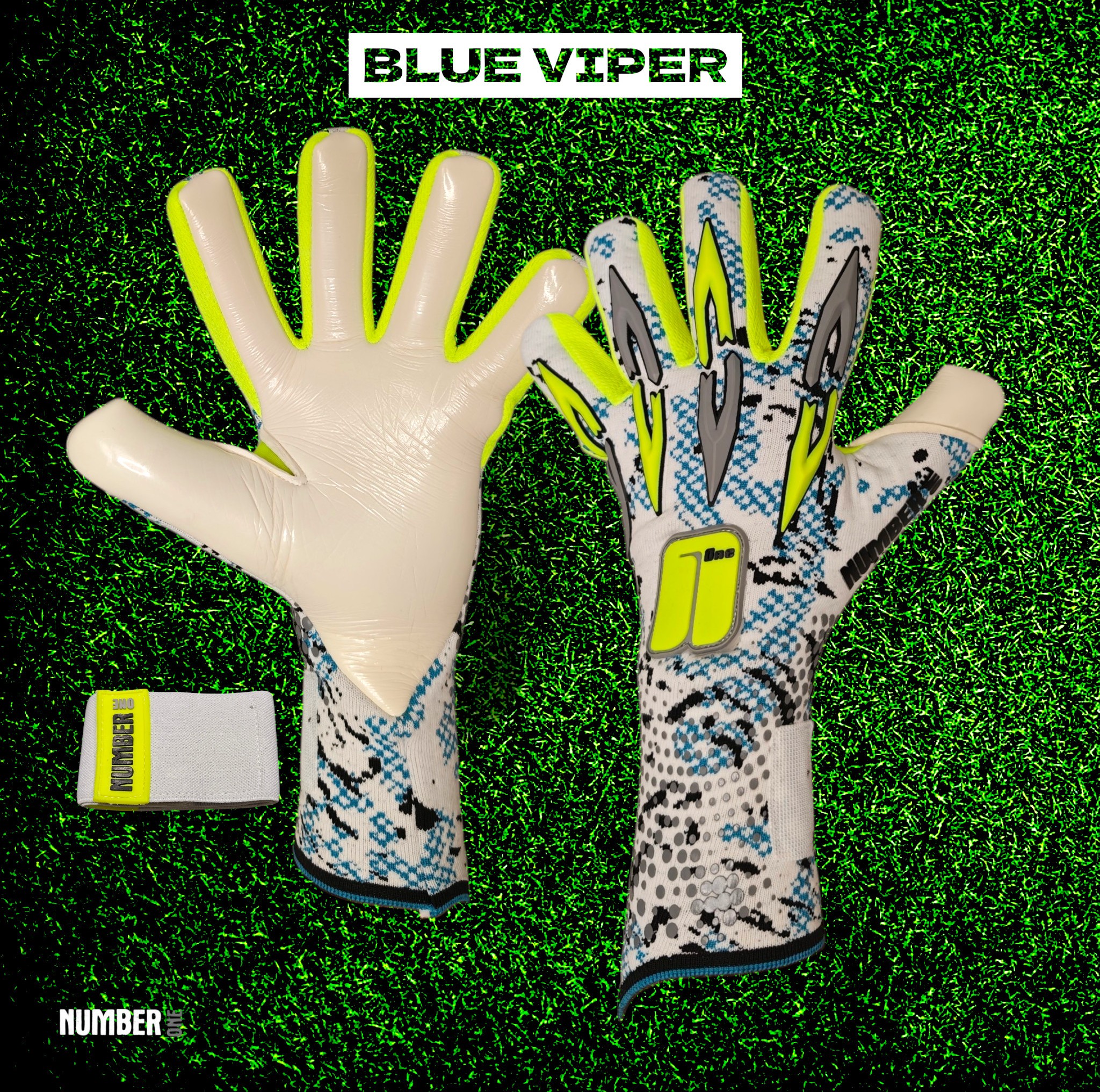 Prémium Number One Blue Viper kapuskesztyű modern kék-fehér dizájnnal, negatív szabással, elő- és hátulnézet.