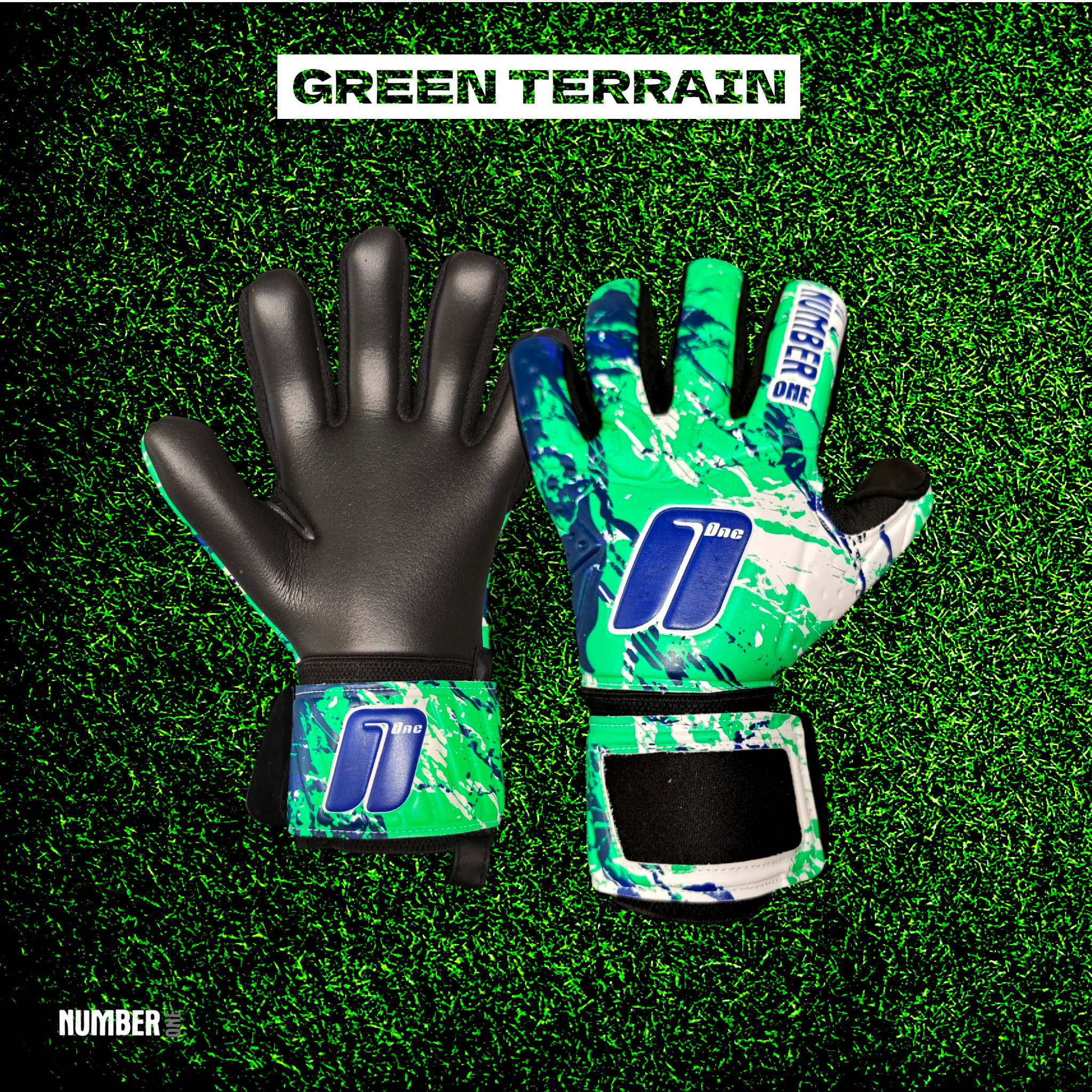 Number One Green Terrain kapuskesztyű modern zöld-fekete dizájnnal, negatív szabással, elő- és hátulnézet.
