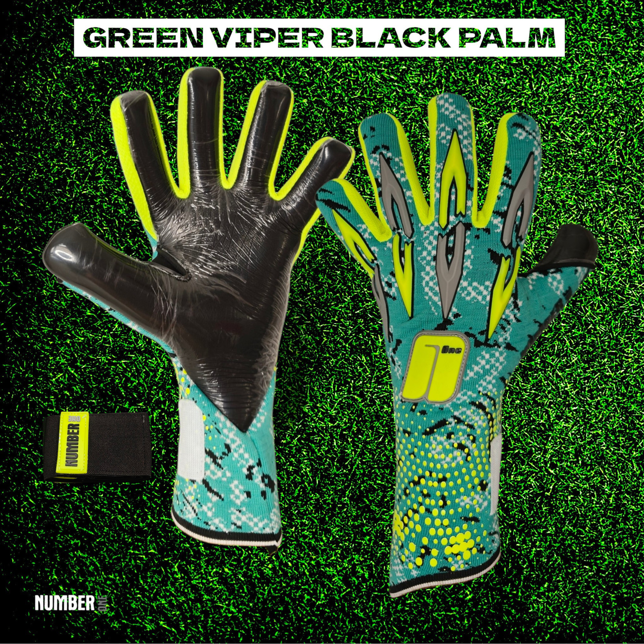 Prémium Number One Green Viper kapuskesztyű modern zöld dizájnnal, Hyla negatív szabással, elő- és hátulnézet.