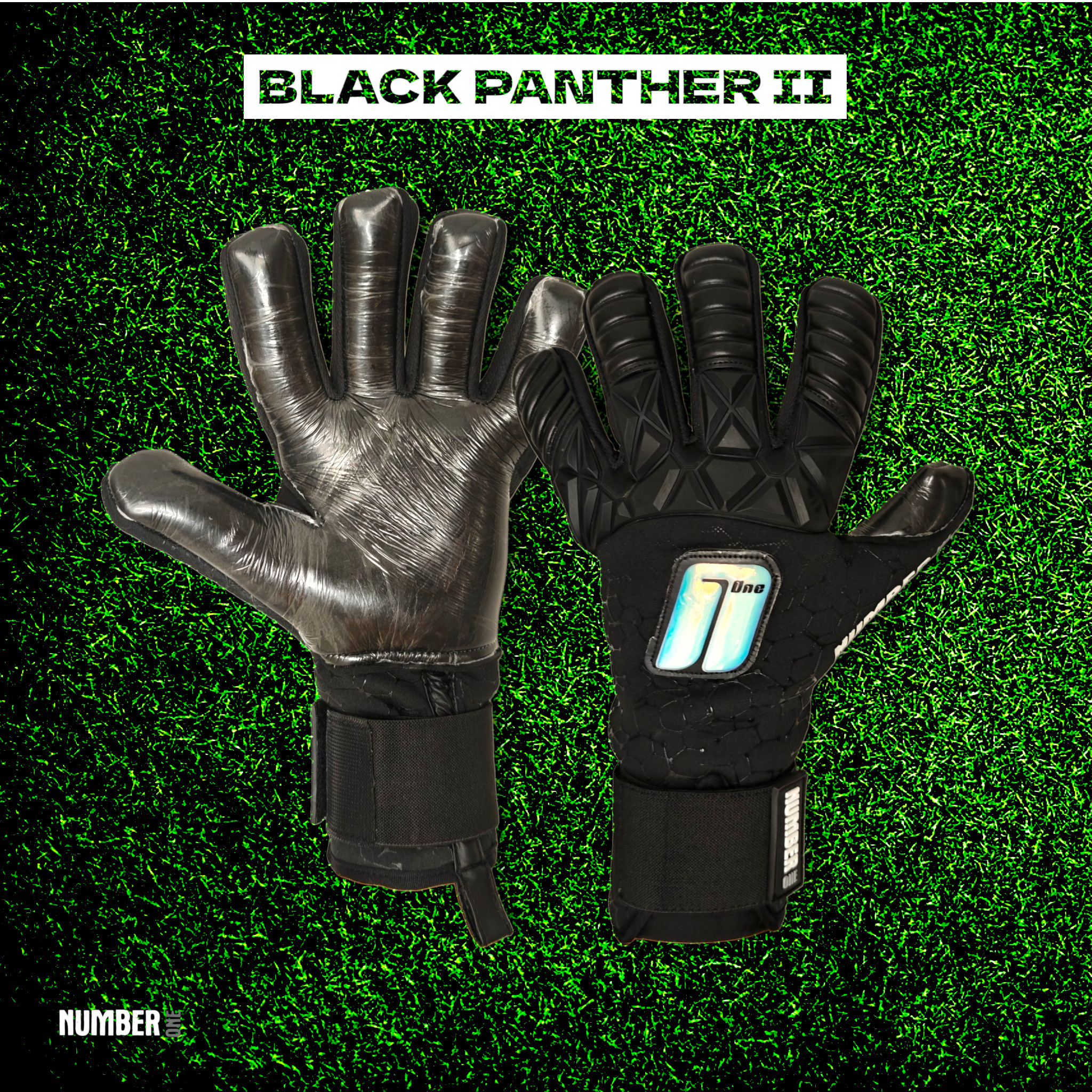 Prémium Number One Black Panther kapuskesztyű modern fekete dizájnnal, hybrid szabással, elő- és hátulnézet